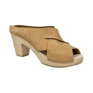 BRYR Sybil Leather Clogs Women's Tan Heeled Mules Wooden Platform